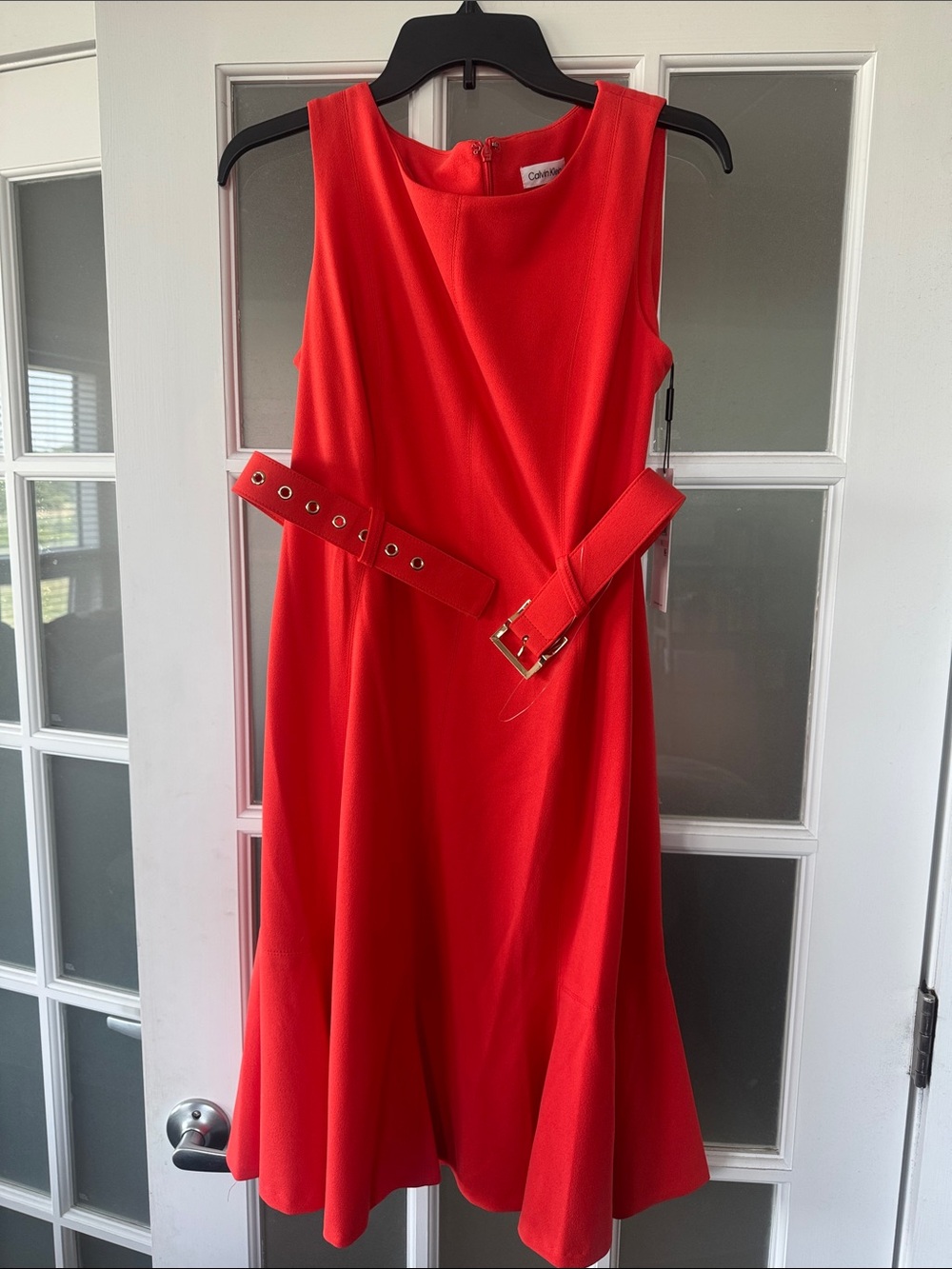 Calvin Klein orange Sleeveless Belted A-Line Dress